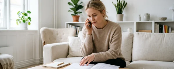 Jeune femme en consultation téléphonique tout en examinant un calendrier ouvert sur une table, dans un salon lumineux avec décor épuré et lumière naturelle, préparant son mariage