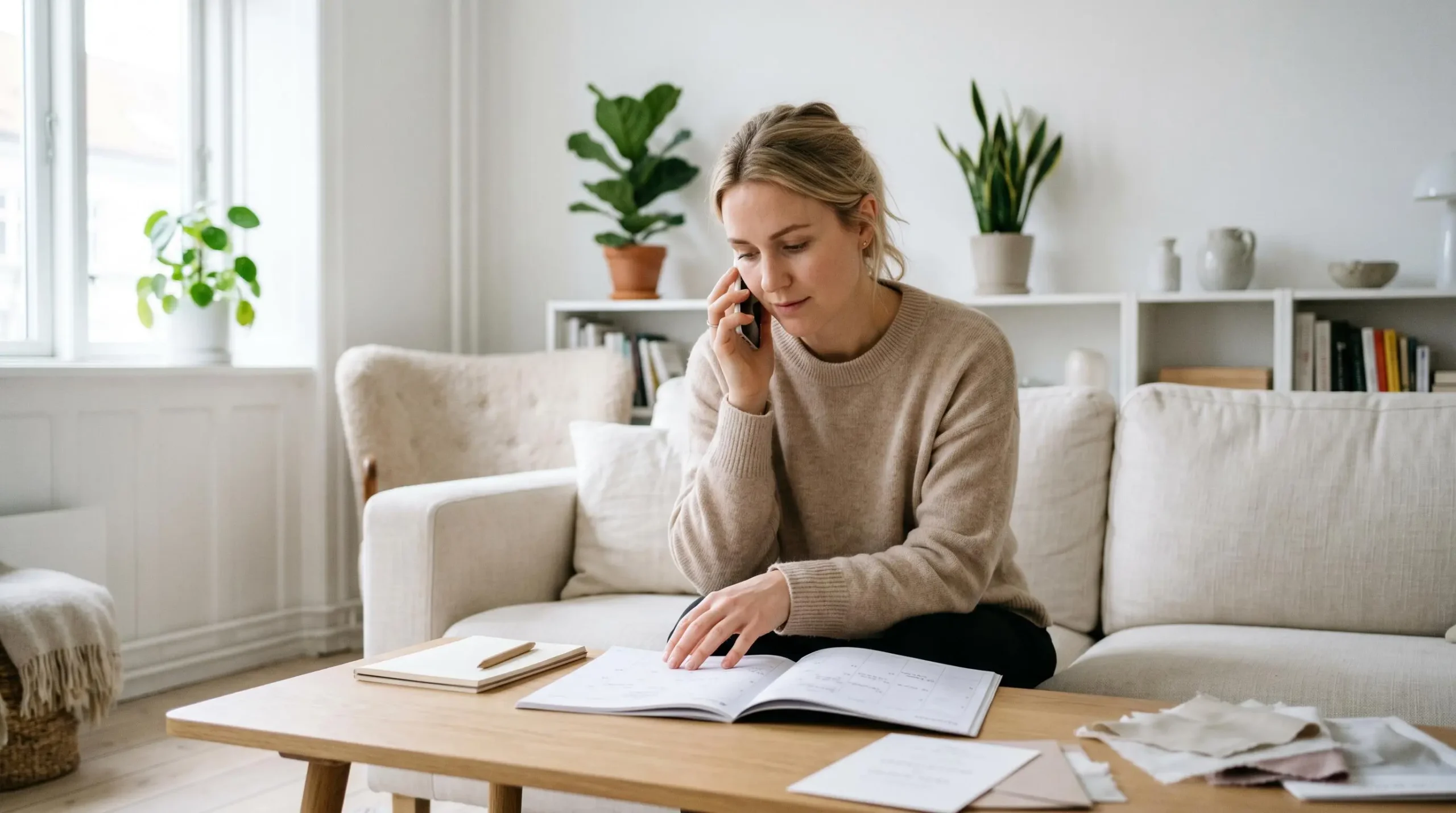 Jeune femme en consultation téléphonique tout en examinant un calendrier ouvert sur une table, dans un salon lumineux avec décor épuré et lumière naturelle, préparant son mariage
